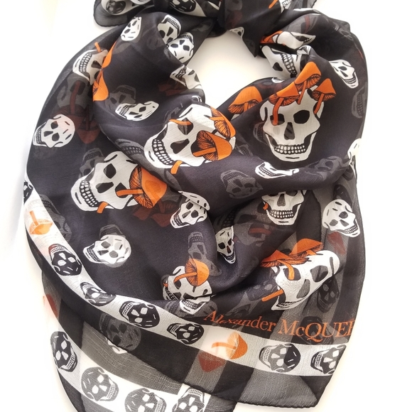 Alexander McQueen Accessories - Alexander McQueen Mushroom & Skull Motifs Silk Scarf Black Orange
